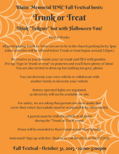 Participants needed for “Trunk Or Treat” Saturday Oct 31st!